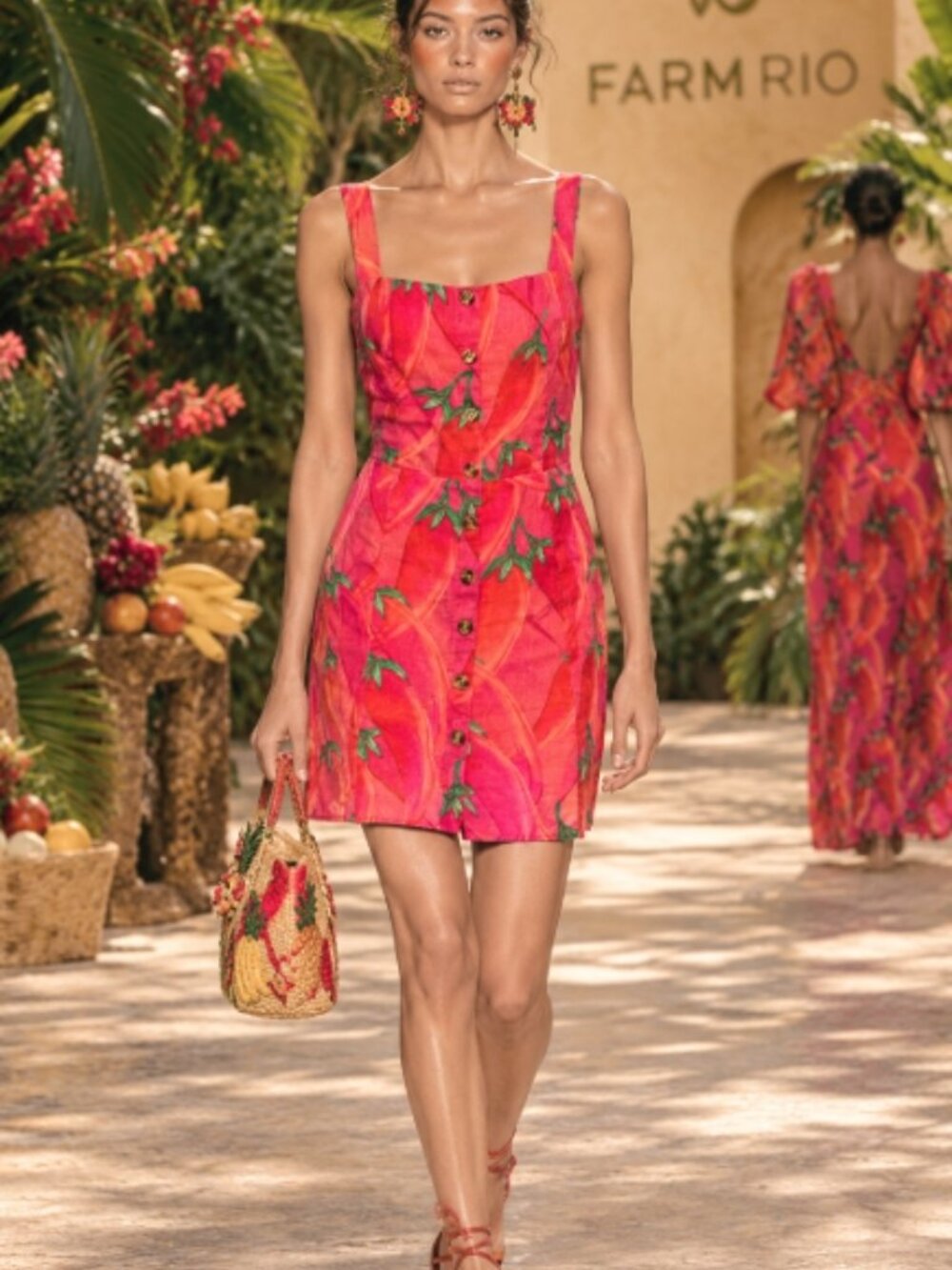 NWOT Farm Rio Anthropologie Linen Tropical Hot Pepper Pink Mini Dress S $240